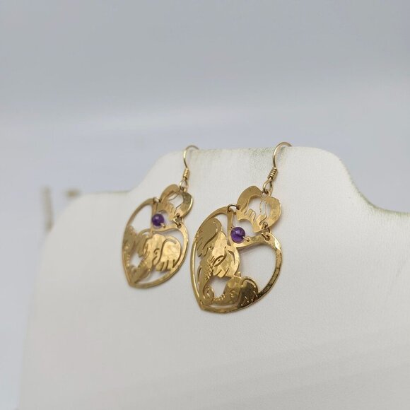 Wild Bryde Gold Plated Elephant Heart Dangle Earrings With Amethyst Beads - Picture 3 of 6